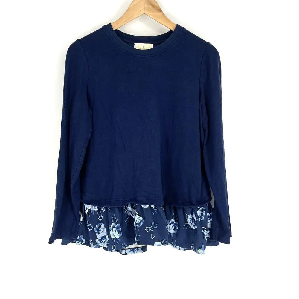Kate Spade Sweater Size Medium Navy Mixed Media Floral Top Cotton Stretch Shirt